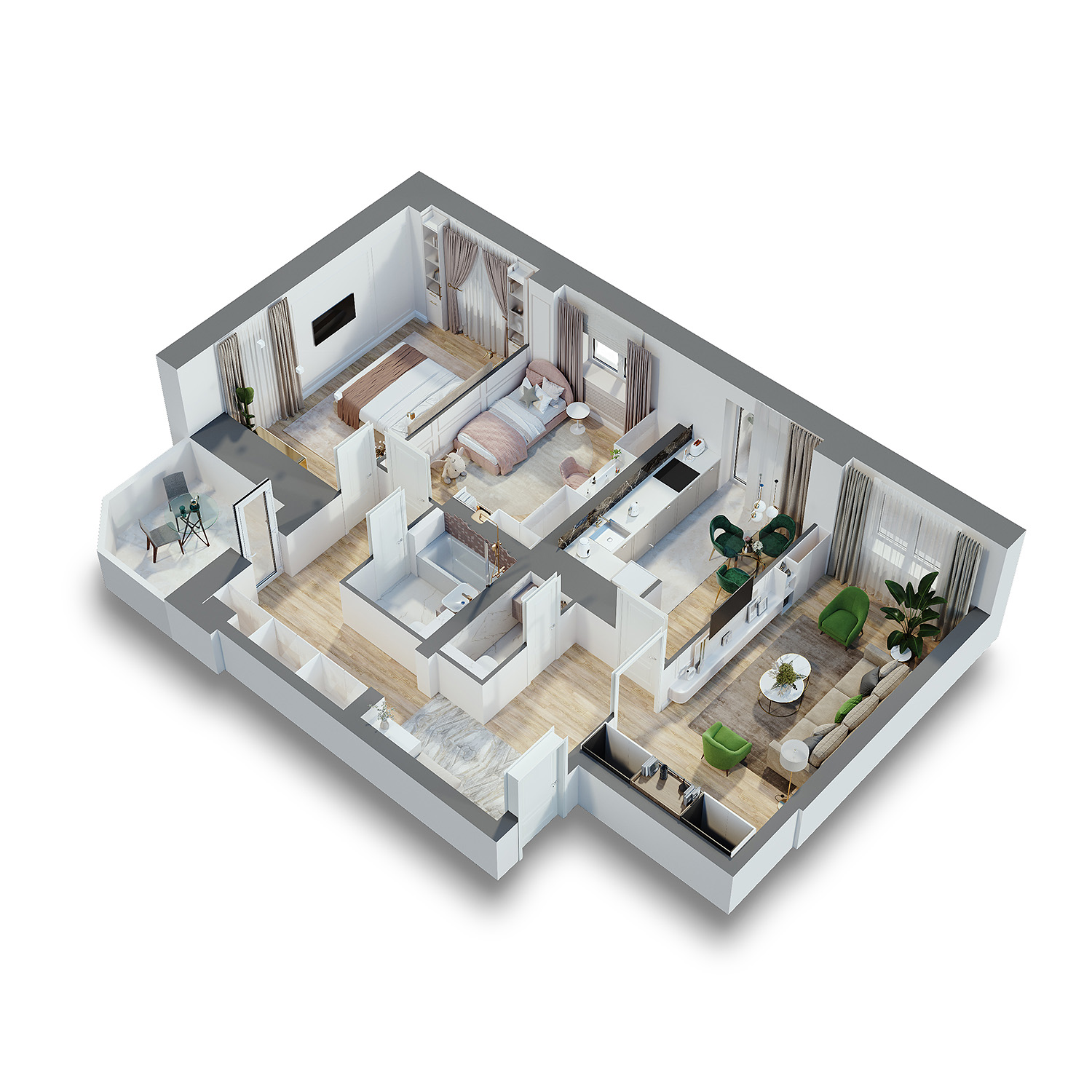 3D планировка трехкомнатной квартиры для ЖК