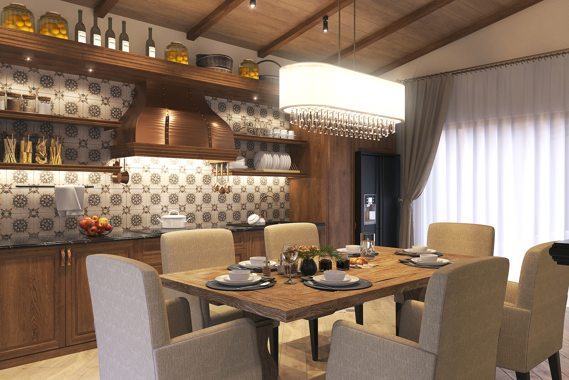 3D визуализация дома Охотника кухня