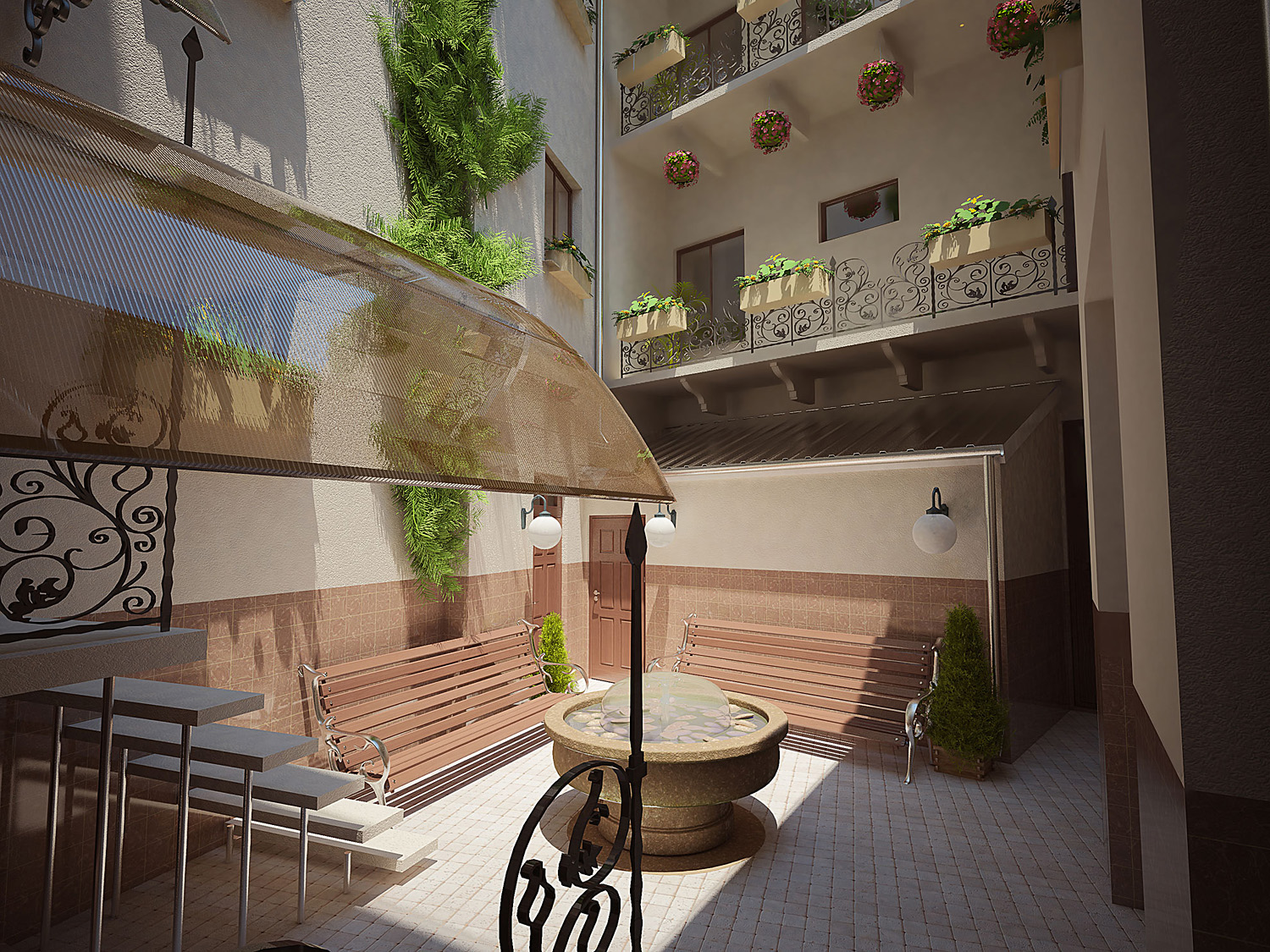3D визуализация двора отеля