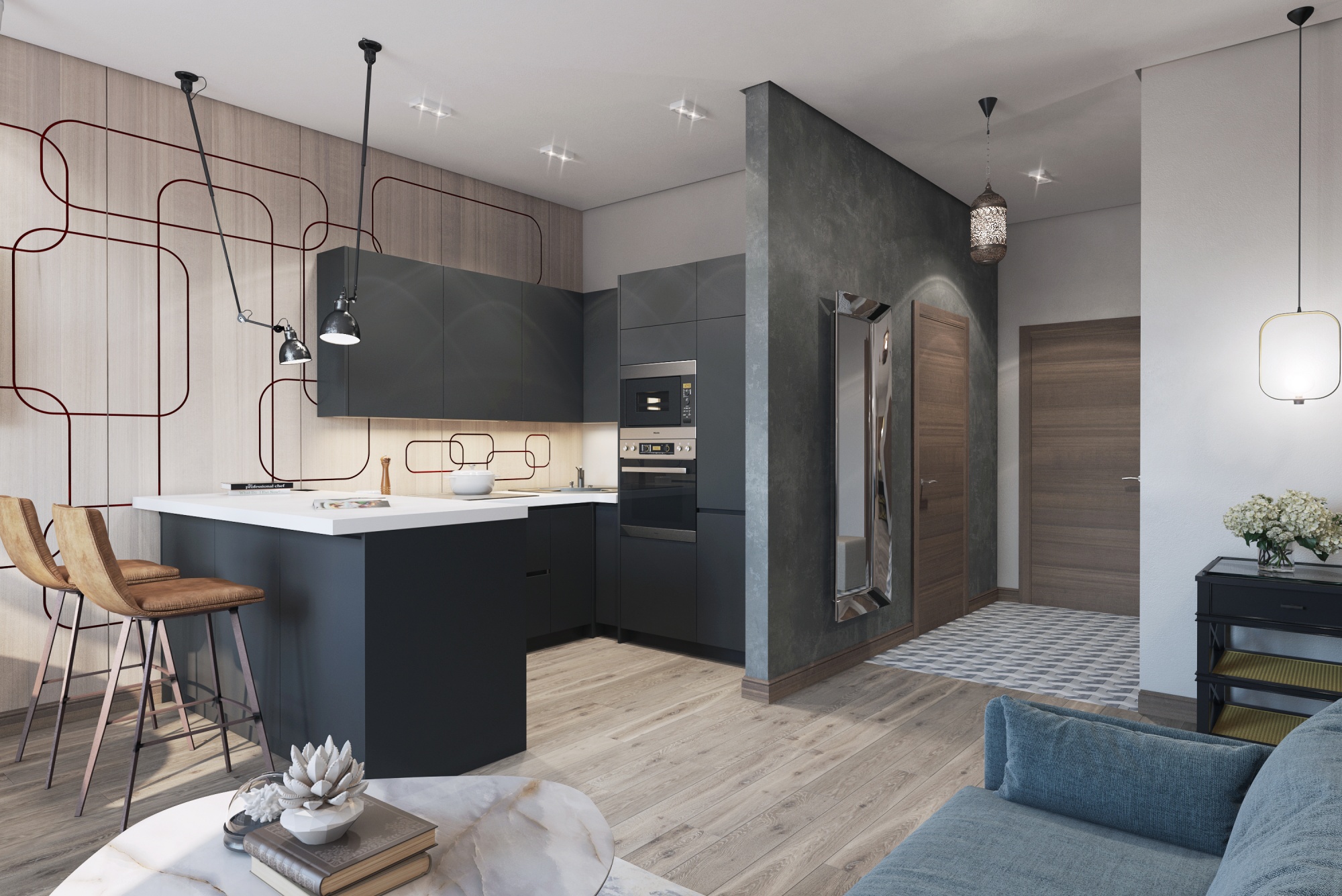 Кухня-гостиная 3D визуализация 